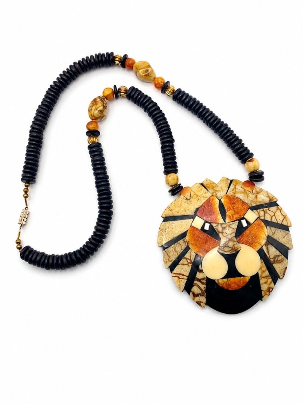 Lee Sands Coral and Onyx Inlaid Mosaic Lion Pendant Necklace